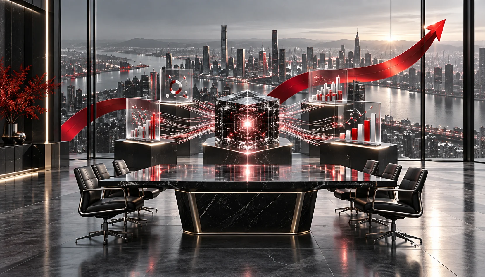 A confident entrepreneur stands in a sleek, modern office, analyzing AI-powered business insights on a large digital display. The screen showcases analytics, automation workflows, and customer data, highlighting AI’s role in business transformation.