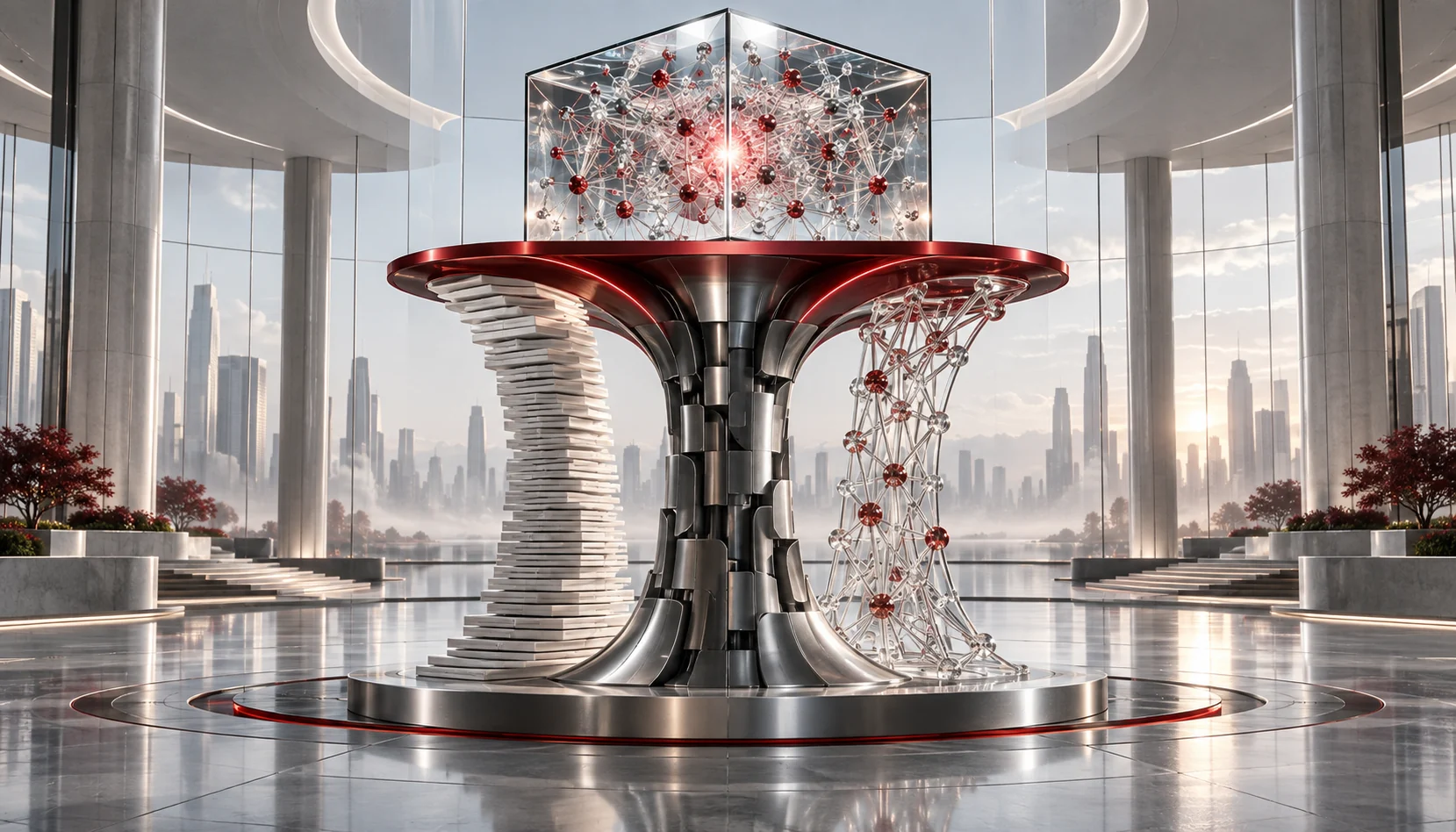 A high-tech office where a diverse team collaborates using AI-powered analytics, holographic data displays, and automated workflow assistants for business transformation.