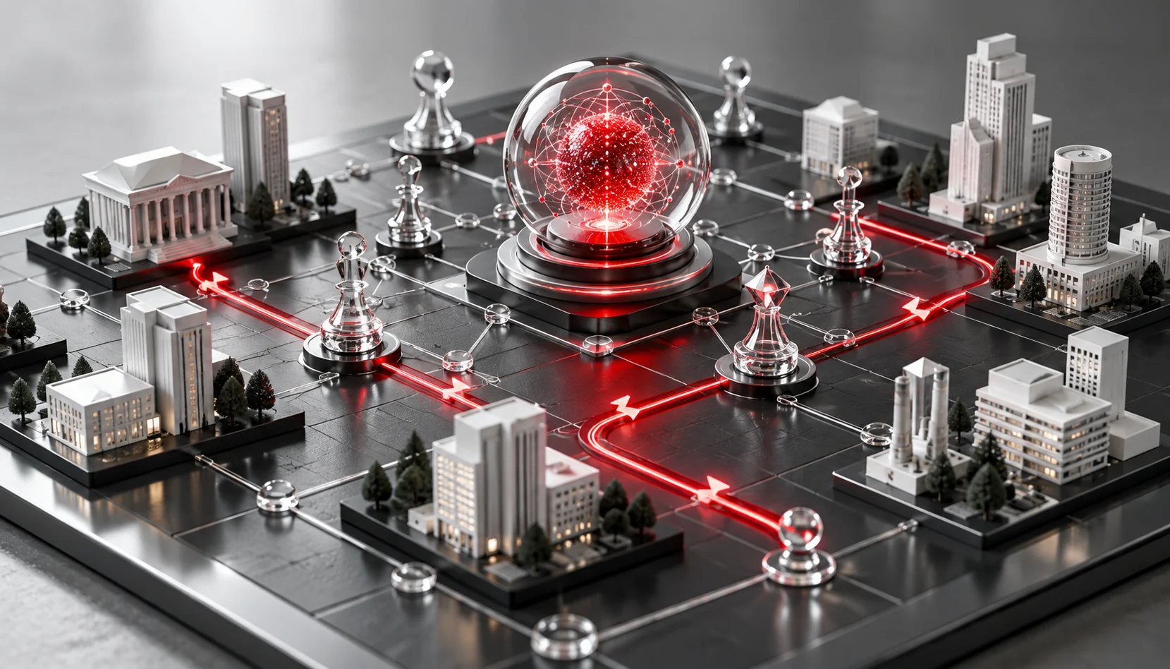 A dynamic corporate boardroom where executives discuss AI-driven business strategy. Futuristic holographic displays showcase AI insights on decision-making, customer trends, and risk management. A robotic assistant interacts with a digital interface, symbolizing AI's role in corporate efficiency. The setting is modern and innovative, with warm ambient lighting and a cutting-edge aesthetic.
