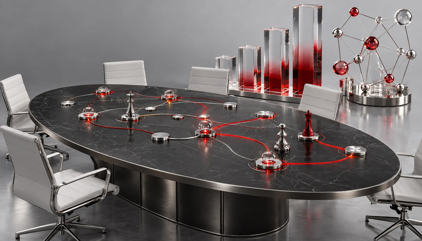 Business leaders in a modern conference room discuss AI adoption, analyzing strategy planning, AI analytics, and data-driven insights on a large screen, emphasizing collaboration in AI integration.