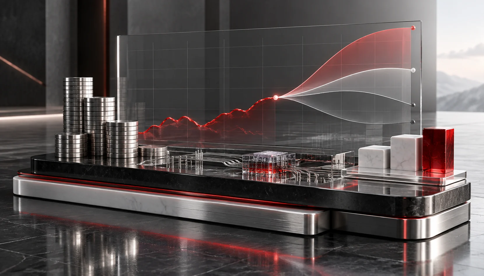 A financial analyst in a modern office uses an AI-powered financial forecasting tool on a large screen, analyzing projections, cash flow trends, and strategic insights.
