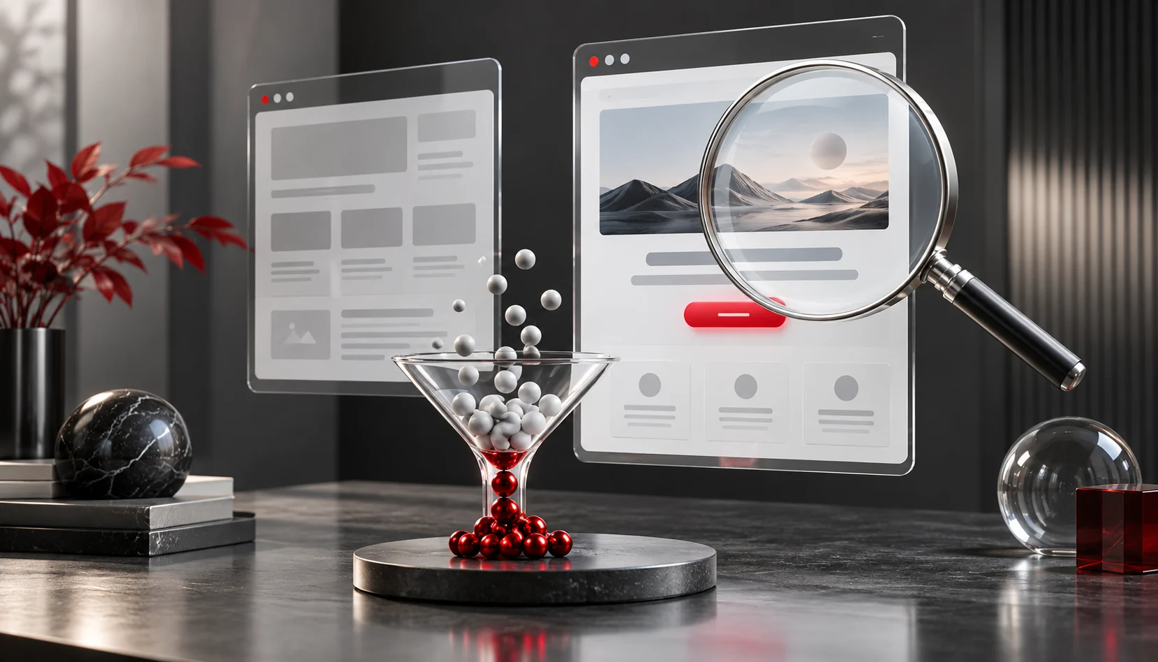 A marketer in a modern, minimalist workspace uses an AI-powered landing page optimizer tool on a laptop. The screen displays key insights on conversion rates and layout improvements, highlighting AI-driven efficiency in digital marketing.
