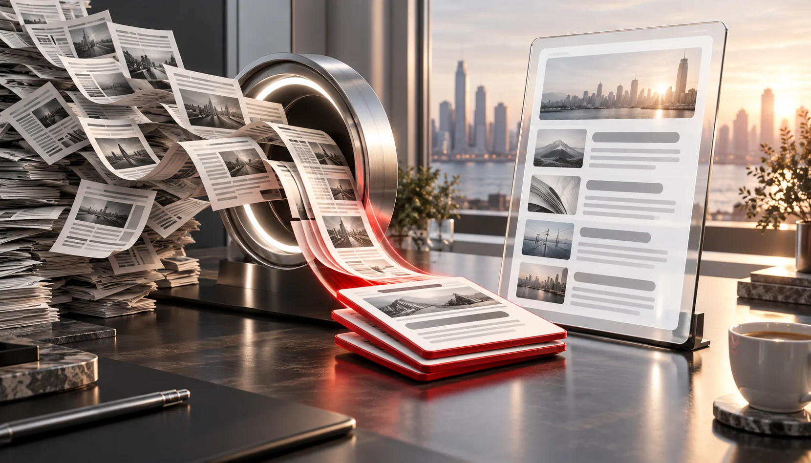 A professional in a modern, minimalist office uses an AI-powered news aggregation tool on a sleek laptop. The screen displays curated news articles, with a simple AI interface providing real-time assistance in a clean and organized workspace.