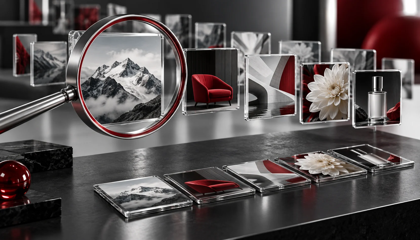 A marketing professional uses an AI-powered tool on a large screen to find royalty-free images, displaying an AI-driven image search interface with filters and curated visuals.