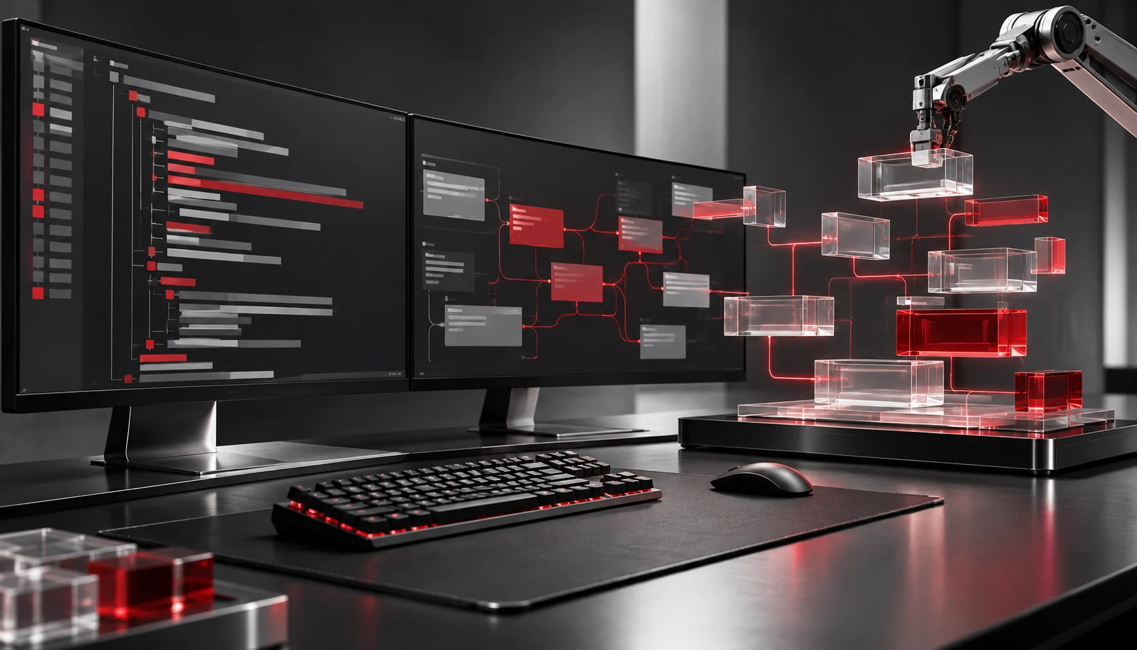 A developer in a futuristic, high-tech workspace uses AI-powered coding tools. Multiple screens display AI-generated code suggestions, automated testing, and predictive analytics, symbolizing the future of AI-enhanced software development.