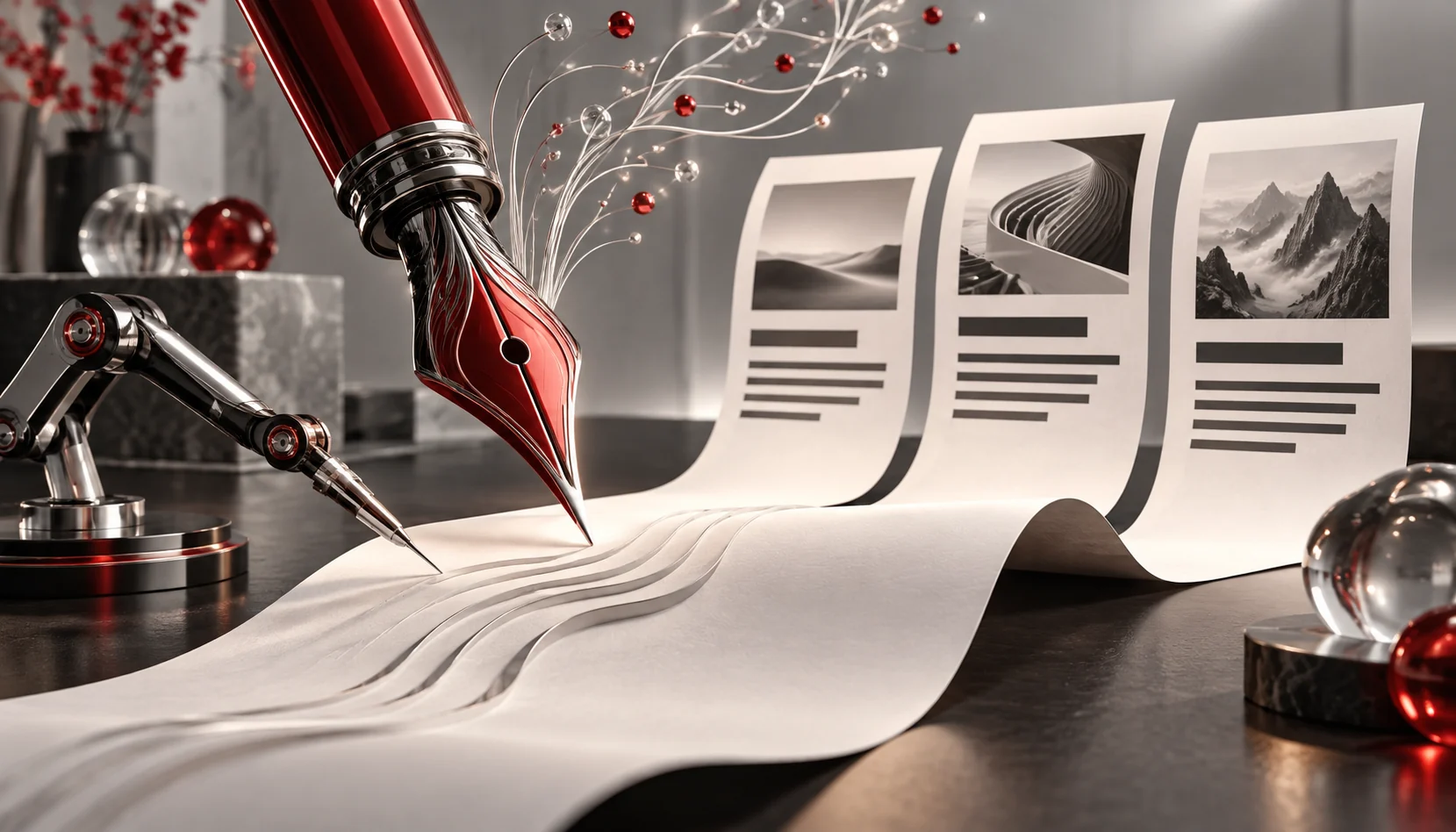 A vibrant AI-powered content creation studio where a writer collaborates with an AI assistant. Dynamic screens display AI-generated copy, SEO optimization suggestions, and personalized content recommendations. A robotic assistant fine-tunes headlines on a holographic display. The setting is creative, high-energy, and futuristic, with warm lighting and an inviting design.