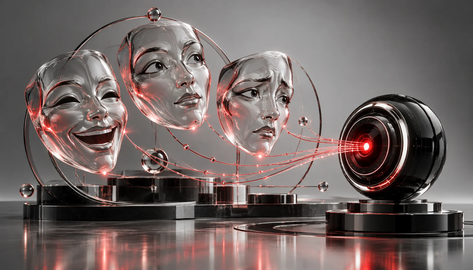 A futuristic AI system analyzes human emotions as a diverse group of people expresses joy, frustration, and curiosity. A high-tech screen displays real-time emotion recognition analytics, including facial expression heatmaps and sentiment analysis graphs. The scene is set in a sleek, modern tech environment with blue and purple digital lighting, symbolizing advanced AI technology.