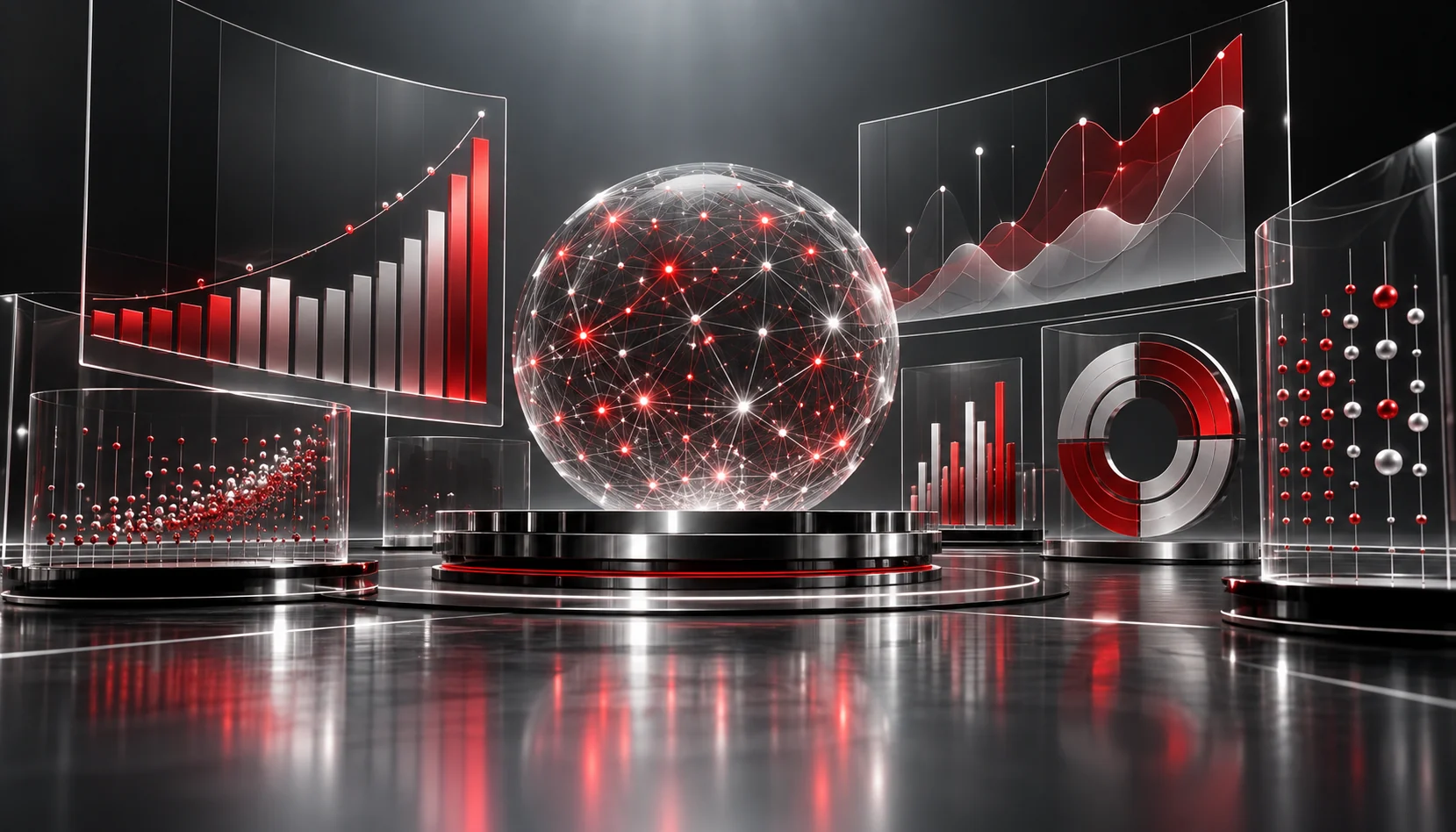 A futuristic digital dashboard displaying AI-related statistics, charts, and graphs. The visuals highlight AI growth, automation, job market impact, and healthcare advancements in a sleek, tech-driven environment.