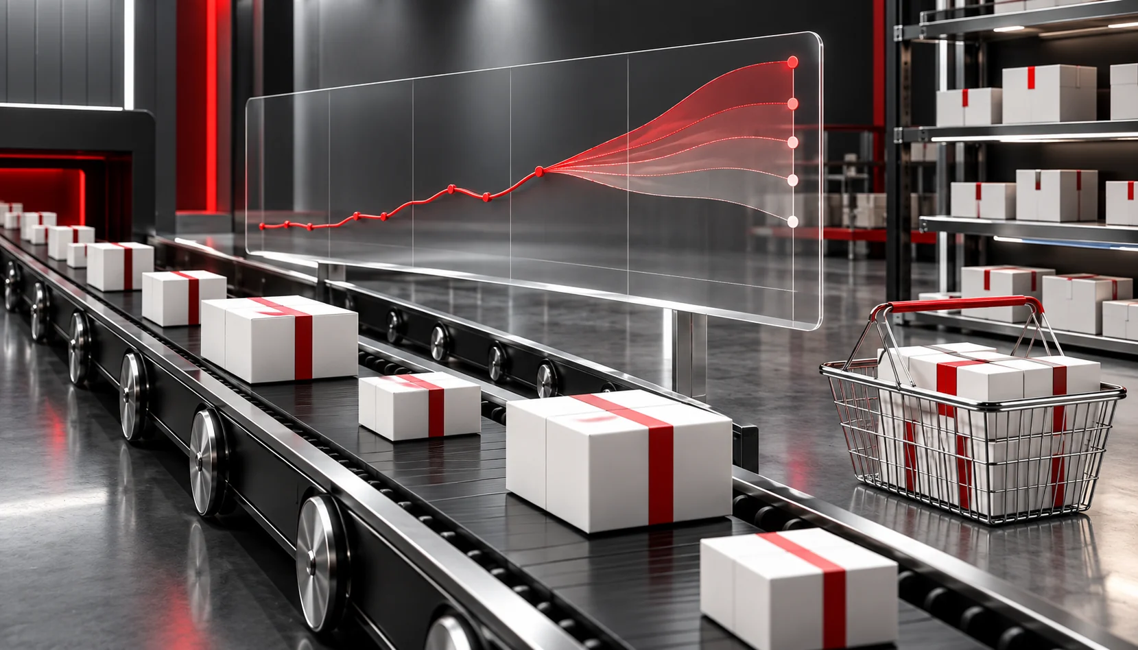 An e-commerce entrepreneur in a modern workspace analyzes AI-powered predictive analytics on multiple screens. The displays show sales forecasts, inventory optimization, and customer behavior insights, emphasizing AI’s role in e-commerce success.