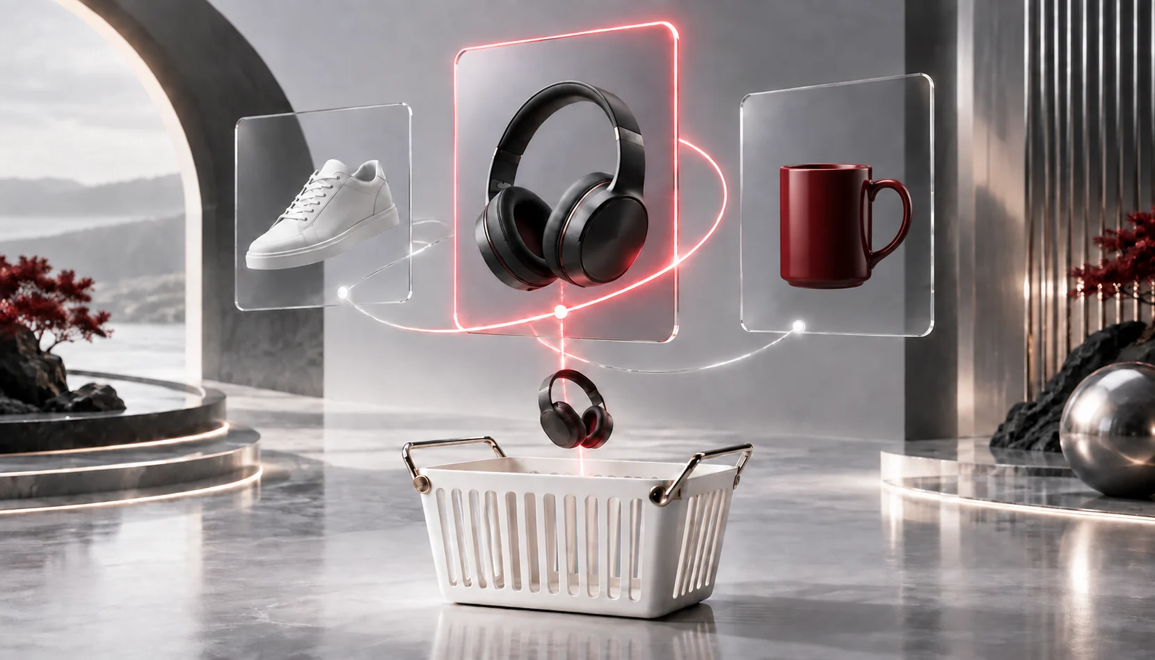 A futuristic e-commerce interface with AI-driven personalized product recommendations displayed as holograms, dynamic pricing, and chatbot assistance.