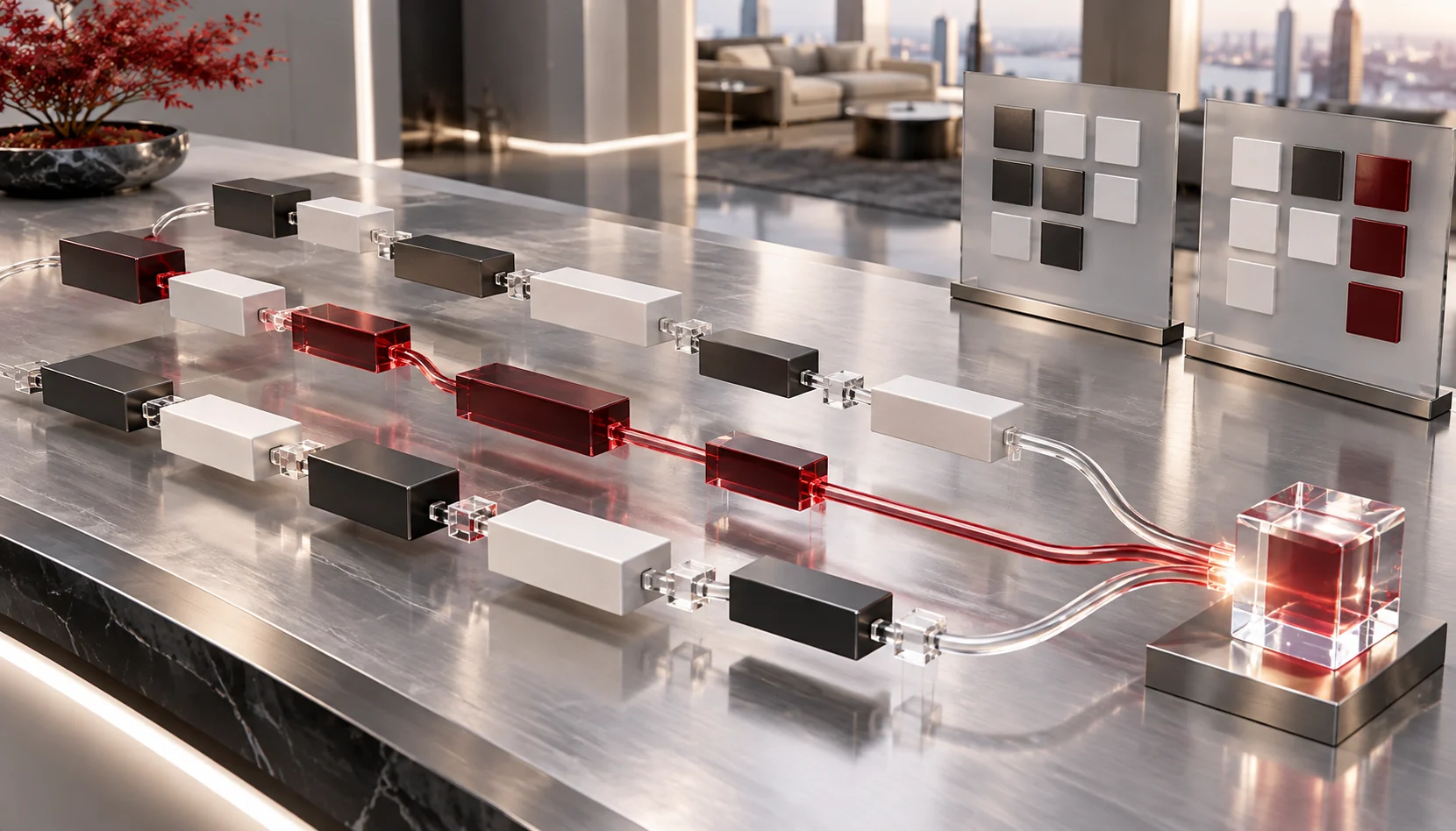 A diverse team collaborates in a high-tech conference room with holographic screens displaying AI-driven project insights, predictive analytics, and task automation in a sleek, modern office setting.