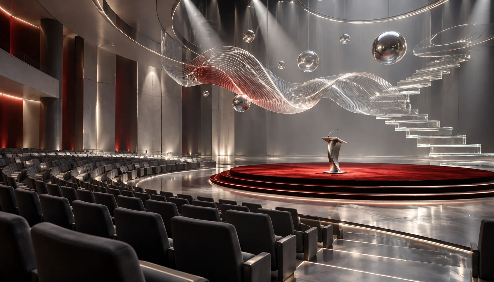 A speaker delivers a high-tech AI-driven presentation with holographic visuals, interactive audience analytics, and real-time speech enhancement in a futuristic setting.