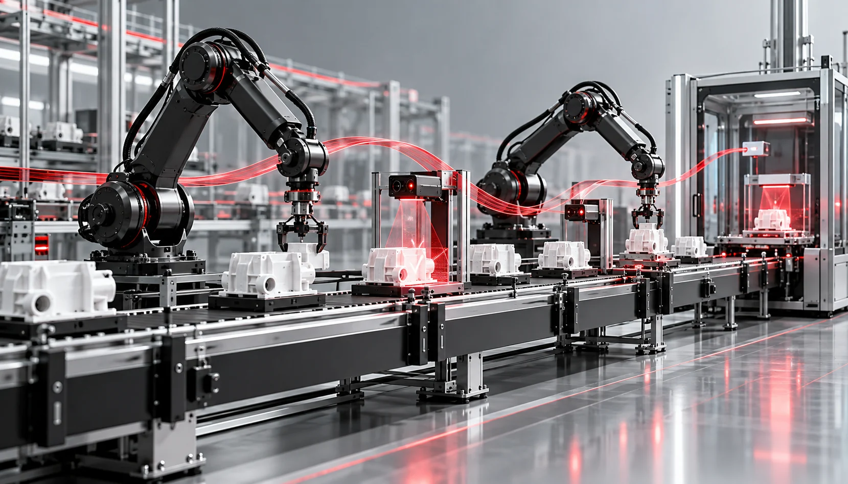 A modern manufacturing facility utilizing AI to enhance productivity. Robotic arms efficiently assemble products on an automated production line, while AI-powered screens display real-time analytics on efficiency, predictive maintenance, and quality control. Engineers monitor AI-driven dashboards, ensuring streamlined operations. The environment is futuristic, well-lit with blue and white tones, representing technological advancement and automation.