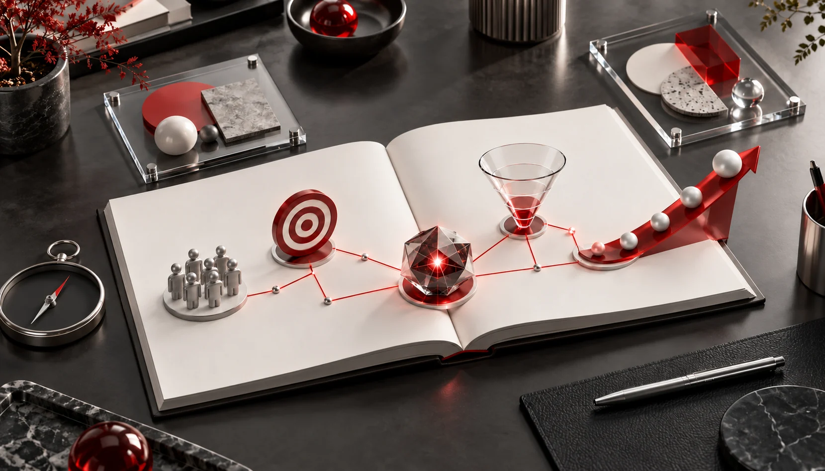 A professional in a minimalist marketing workspace uses AI-powered tools. A laptop displays marketing analytics and a chatbot interface, emphasizing the efficiency of AI-driven marketing strategies.
