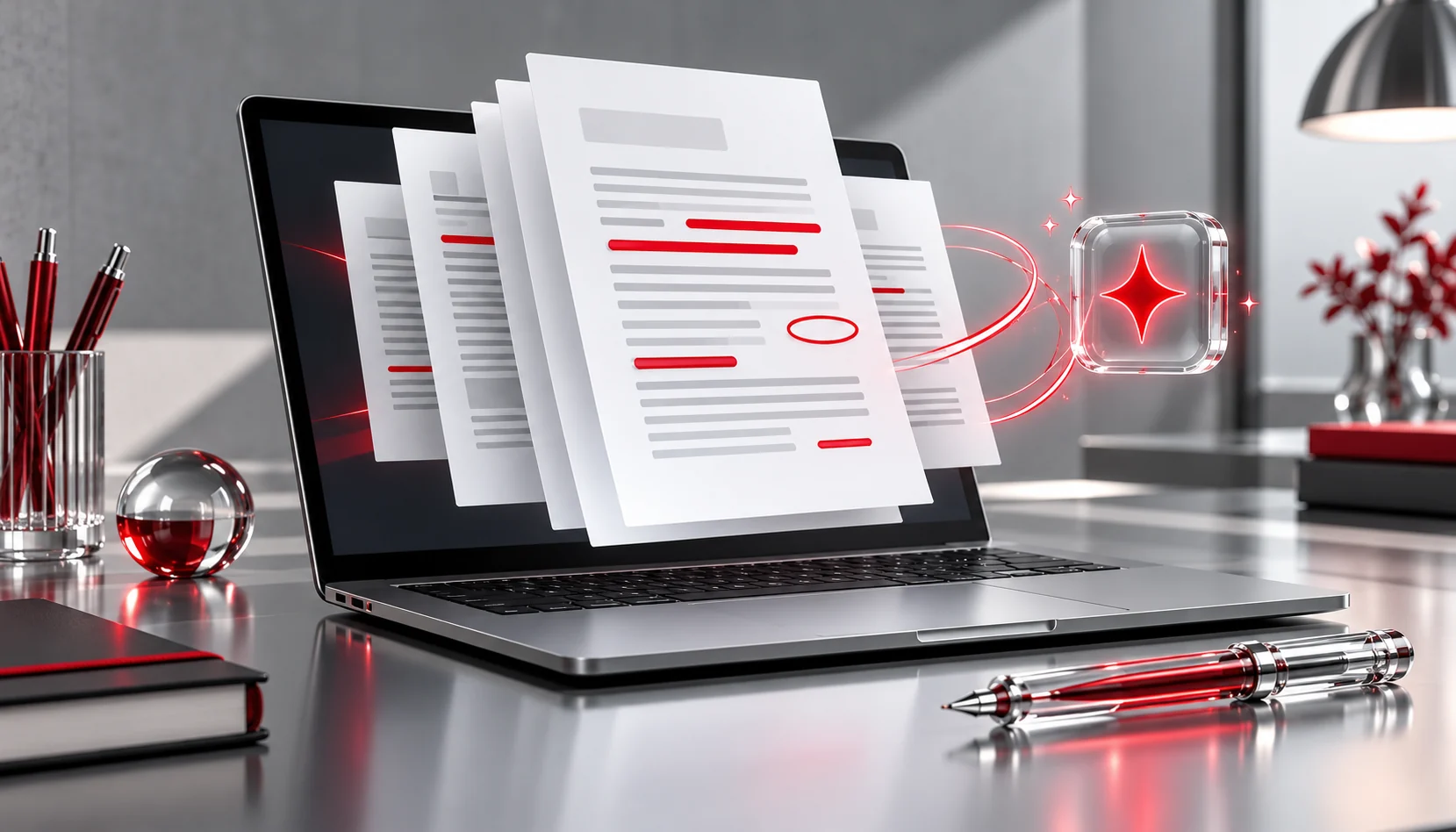 A modern workspace showcasing AI-powered Google Docs in action. A laptop screen displays an AI-enhanced document with smart suggestions, real-time grammar corrections, and automated research citations. A voice typing tool is actively transcribing speech, while a sidebar highlights AI-driven outlines and summaries. The environment is sleek and high-tech, with a productivity-focused atmosphere and soft blue lighting.