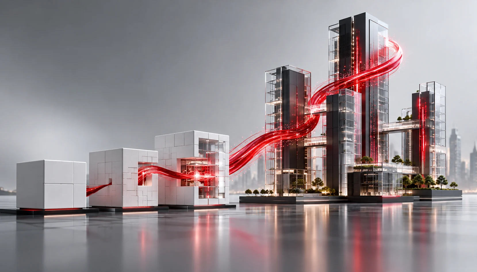 A futuristic business environment where AI transforms operations. A diverse team collaborates in a modern office space, analyzing AI-powered analytics, automation processes, and strategic insights on large digital screens. Holographic projections showcase AI advancements in decision-making, customer experience, and innovation. The setting is sleek and high-tech, illuminated by dynamic blue and white lighting.