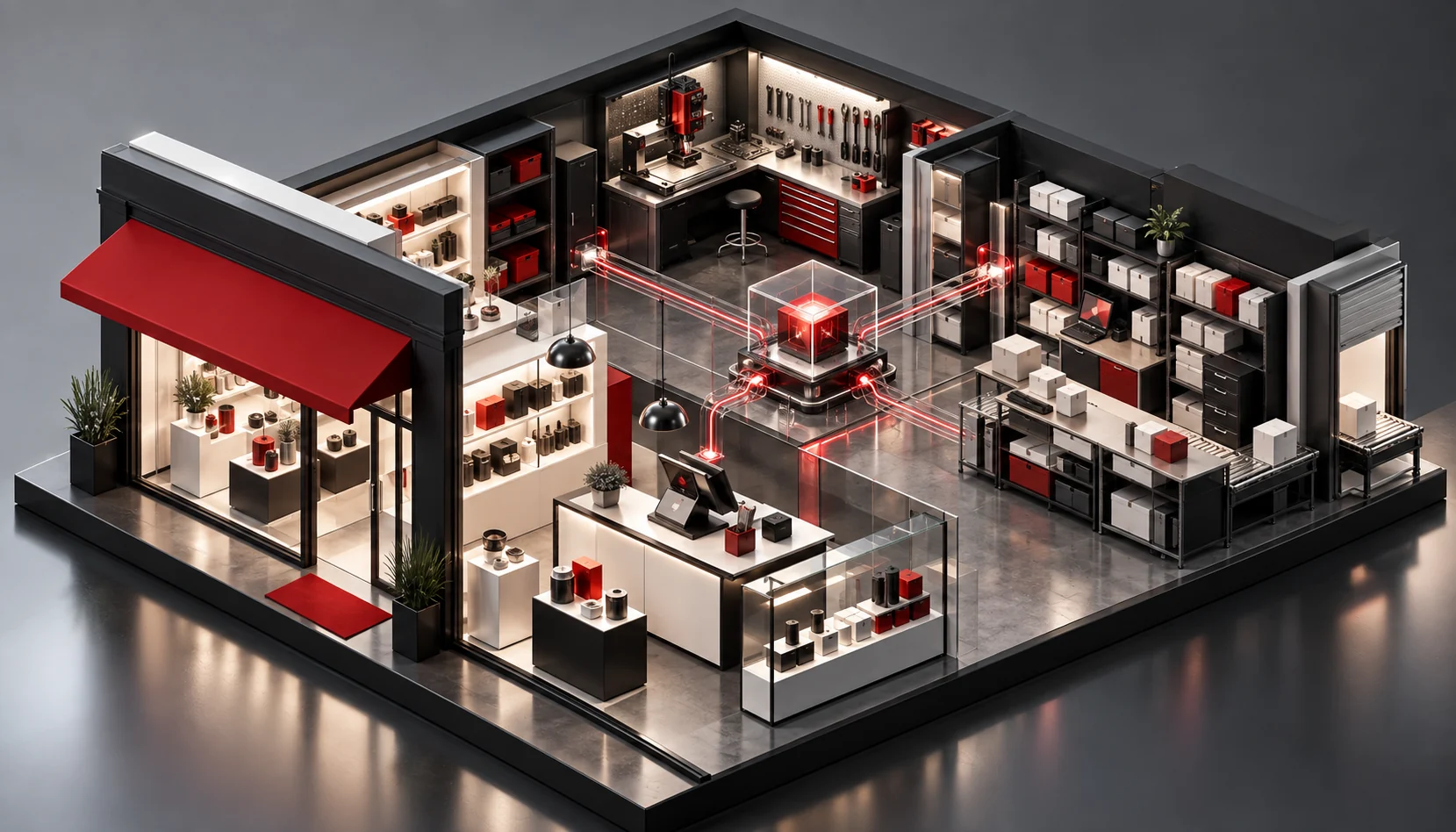 A small business owner in a professional workspace uses AI tools on a laptop to analyze AI-driven analytics, automation insights, and customer engagement metrics, showcasing how AI supports SME growth.