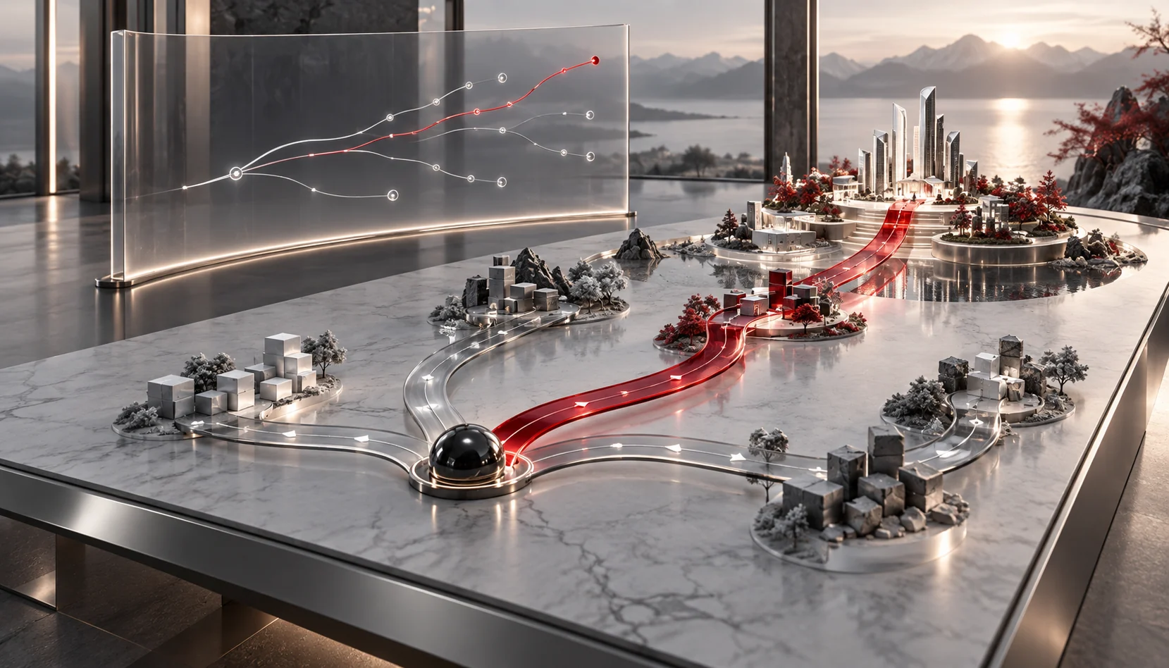 A business professional in a modern workspace uses an AI-powered scenario planning tool on a large screen, displaying business strategy models, risk assessment charts, and data-driven insights for strategic decision-making.