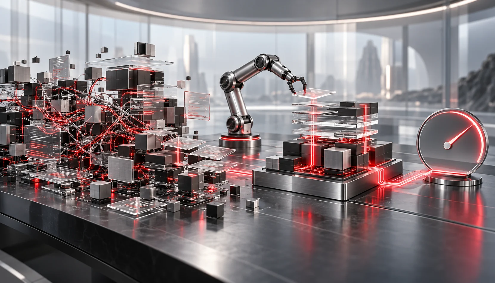 A unique AI-powered software development environment. A team of developers works on large, curved screens displaying AI-driven code generation, automated bug detection, and predictive UI improvements. A robotic assistant reviews software security insights, while an AI-powered voice assistant provides real-time project updates. The workspace blends natural and digital lighting, creating a visually distinct and innovative atmosphere.