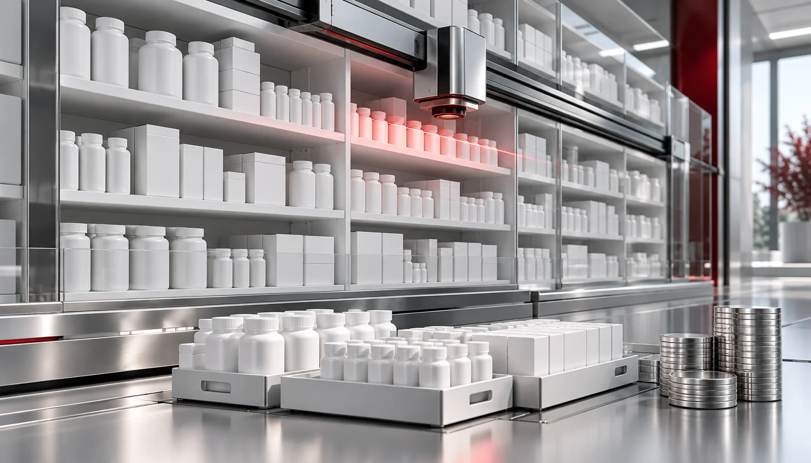 A high-tech pharmacy with AI-powered inventory management, robotic prescription dispensers, and digital patient recommendations for cost savings and efficiency.