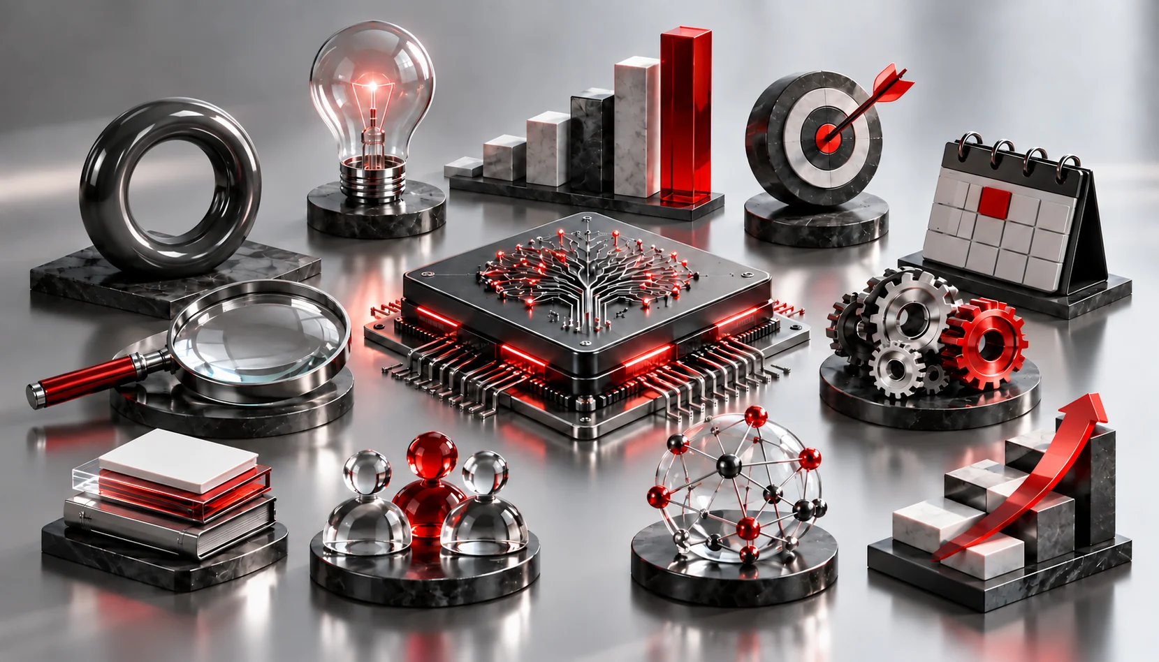 A futuristic AI consulting session in a modern corporate office. Business executives collaborate with an AI consultant, analyzing holographic displays showcasing AI strategies, scalability plans, and ethical AI guidelines. A digital assistant projects real-time performance metrics on a transparent screen. The setting blends advanced technology with strategic business planning in a sleek, professional environment.