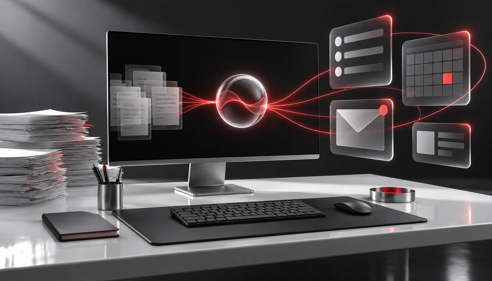 A professional in a modern workspace interacts with an AI assistant displayed on a large screen, showcasing productivity insights, task automation, and workflow optimization in a sleek, tech-driven environment.