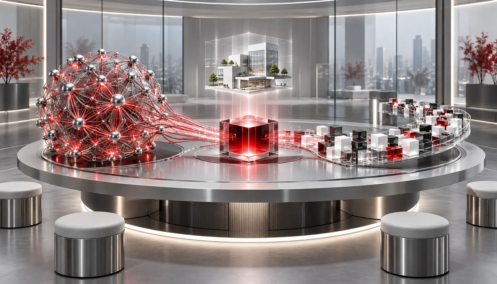 A futuristic business innovation hub where AI and Machine Learning converge. A diverse team collaborates around a high-tech digital table, analyzing real-time data visualizations and predictive analytics. Holographic displays showcase AI-driven automation, customer insights, and product innovation strategies. The setting is sleek, modern, and illuminated with dynamic lighting, symbolizing cutting-edge technological synergy.