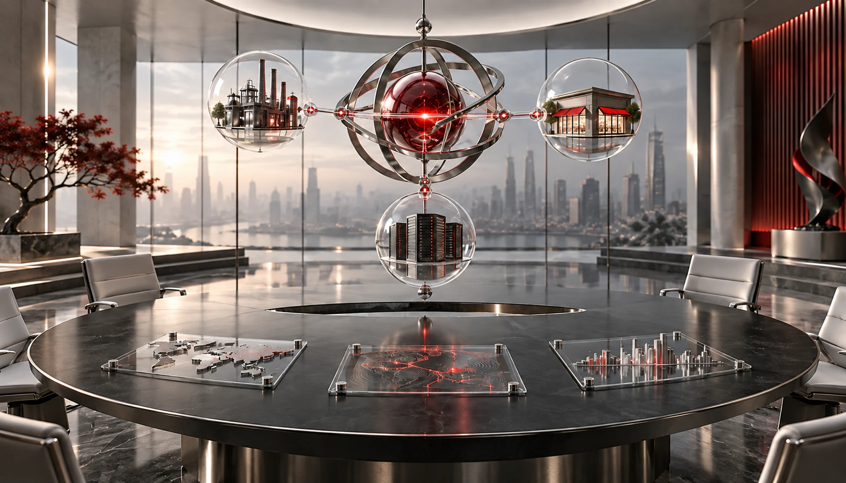 Business executives in a high-tech office consult with an AI expert. A large screen displays AI-driven business strategies, data analytics, and automation solutions.