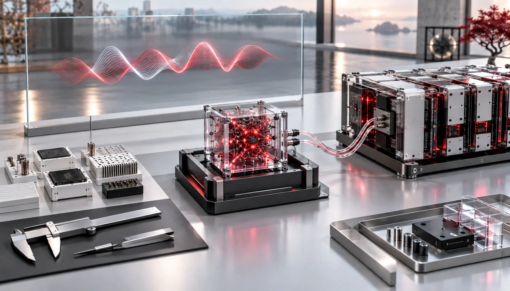 AI developers and business leaders collaborate in a high-tech workspace, analyzing AI model testing, data insights, and feasibility assessments for a Proof of Concept (PoC) project, emphasizing teamwork and strategic AI implementation.