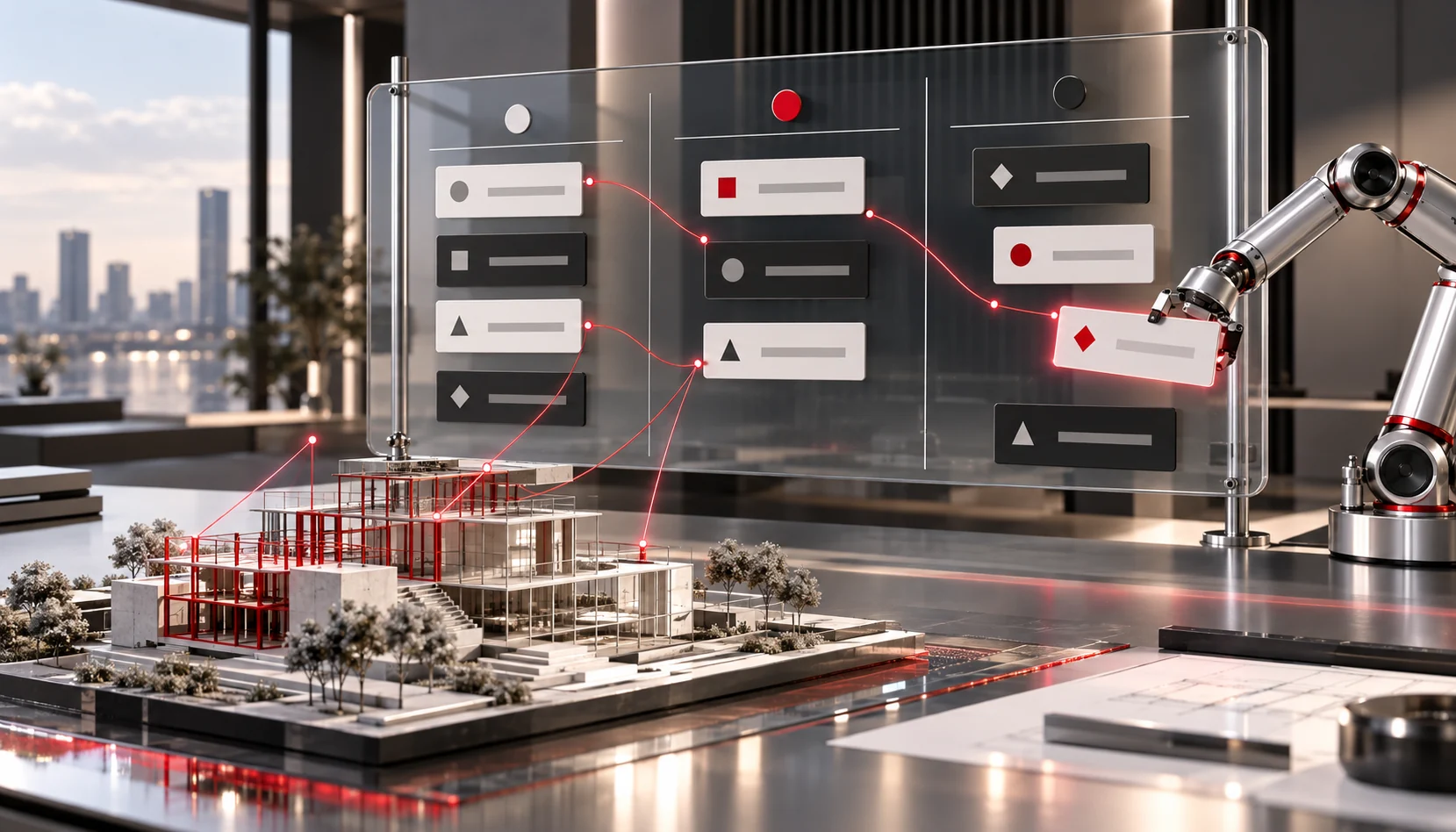 A dynamic AI-powered project management workspace. A team of professionals interacts with an AI-driven smart board displaying task progress, risk assessments, and real-time analytics. A manager uses augmented reality (AR) glasses to visualize workflow efficiency, while a robotic assistant organizes project schedules. The setting is sleek, vibrant, and innovative, featuring a mix of warm and cool lighting.