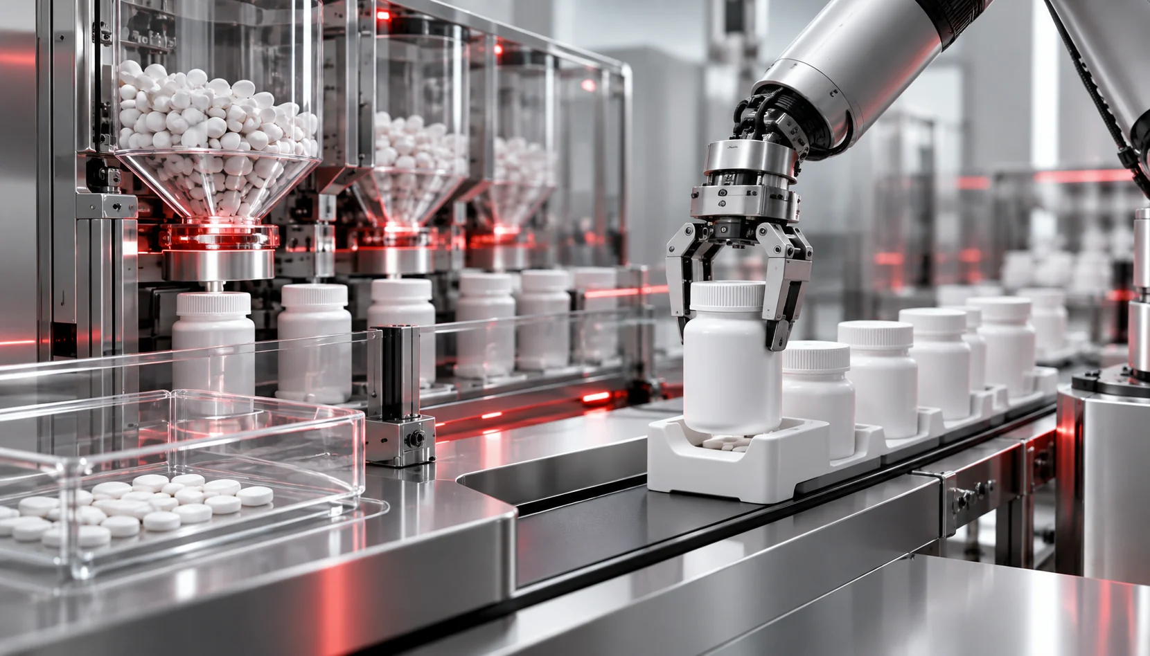 A futuristic pharmacy with AI-powered robotic dispensers, digital inventory prediction, and an AI assistant providing personalized medicine recommendations.