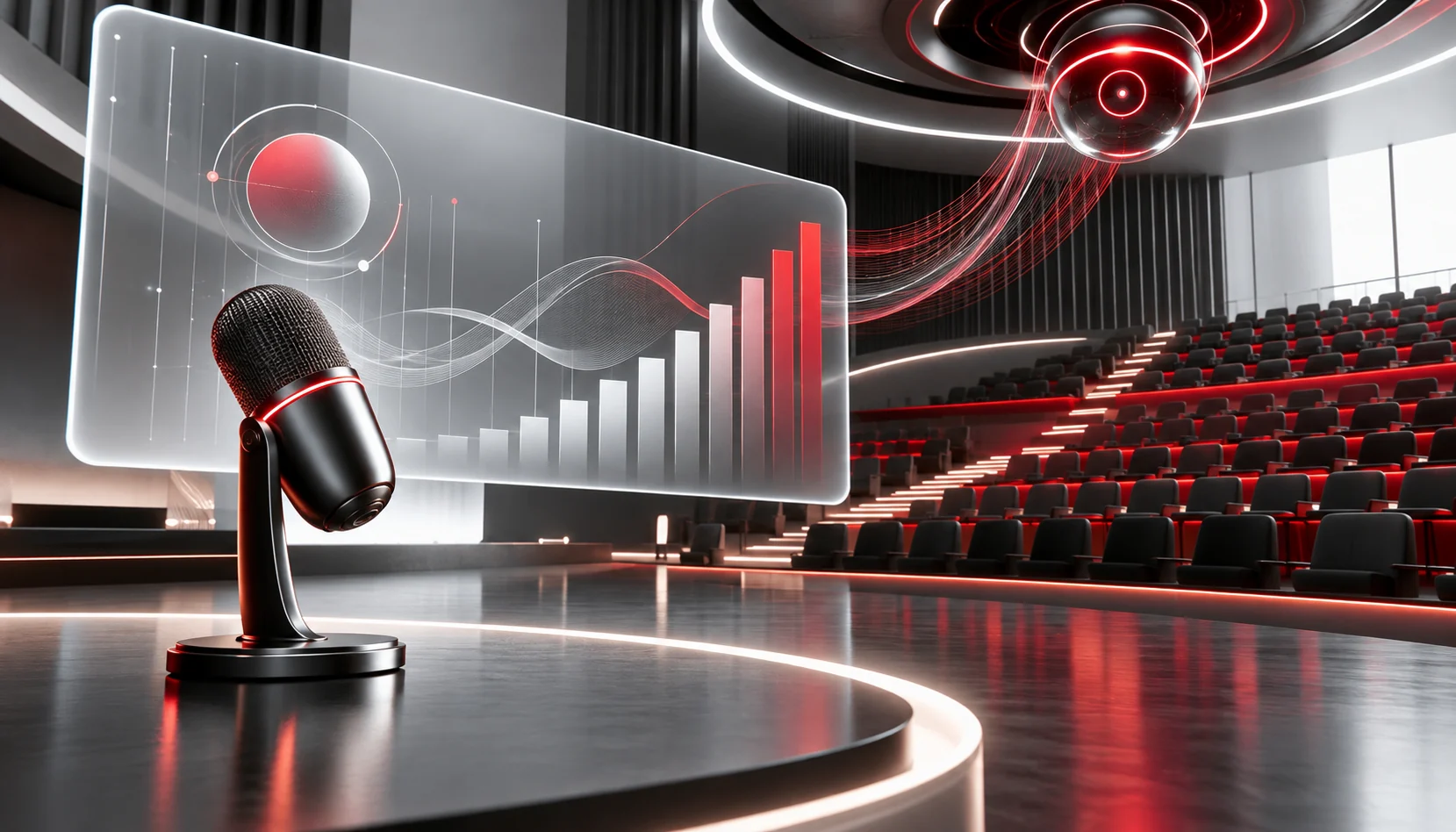 A futuristic public speaking event where AI enhances presentations. A speaker stands on a high-tech stage, using holographic visuals, interactive elements, and real-time subtitles. An AI assistant displays speech analytics, audience engagement data, and personalized content suggestions. The audience is actively engaged, with some wearing AR glasses to interact with the presentation. The setting is sleek and modern, illuminated by blue and purple digital lighting.