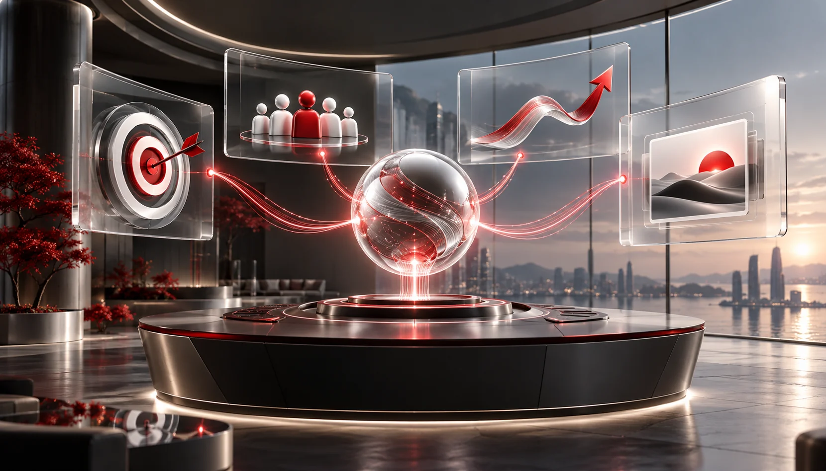 A futuristic marketing command center powered by AI. A diverse team of marketers collaborates around a high-tech workspace with holographic screens showcasing AI-driven customer insights, predictive analytics, and personalized ad campaigns. A robotic assistant suggests marketing strategies, while an AI-powered dashboard optimizes real-time ad performance. The setting is vibrant and dynamic, with colorful digital accents symbolizing innovation and creativity.