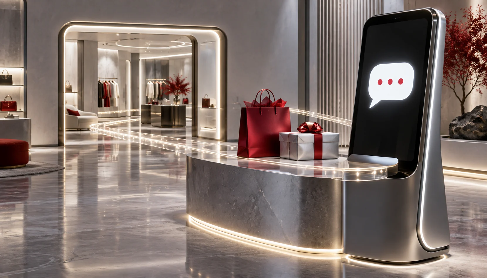 A customer interacts with an AI-powered virtual assistant on a touchscreen in a modern retail or service environment, receiving personalized recommendations and support.