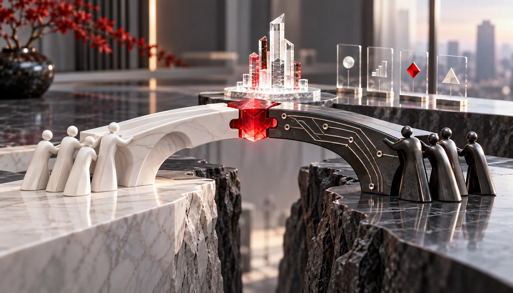 A professional in a modern, minimalist office interacts with an AI-powered consulting system. A sleek desk holds a laptop displaying AI-driven analytics, while a holographic AI assistant provides insights. The setting is clean and uncluttered, emphasizing clarity and efficiency in business decision-making.
