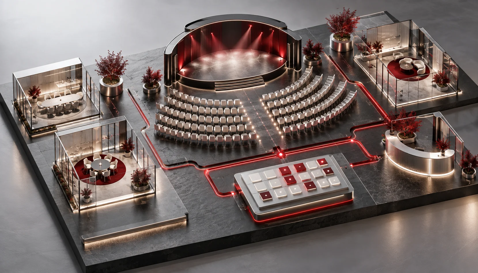 An event planner in a modern workspace uses an AI-powered event management tool on a large screen, displaying AI-driven scheduling, attendee analytics, and logistics.
