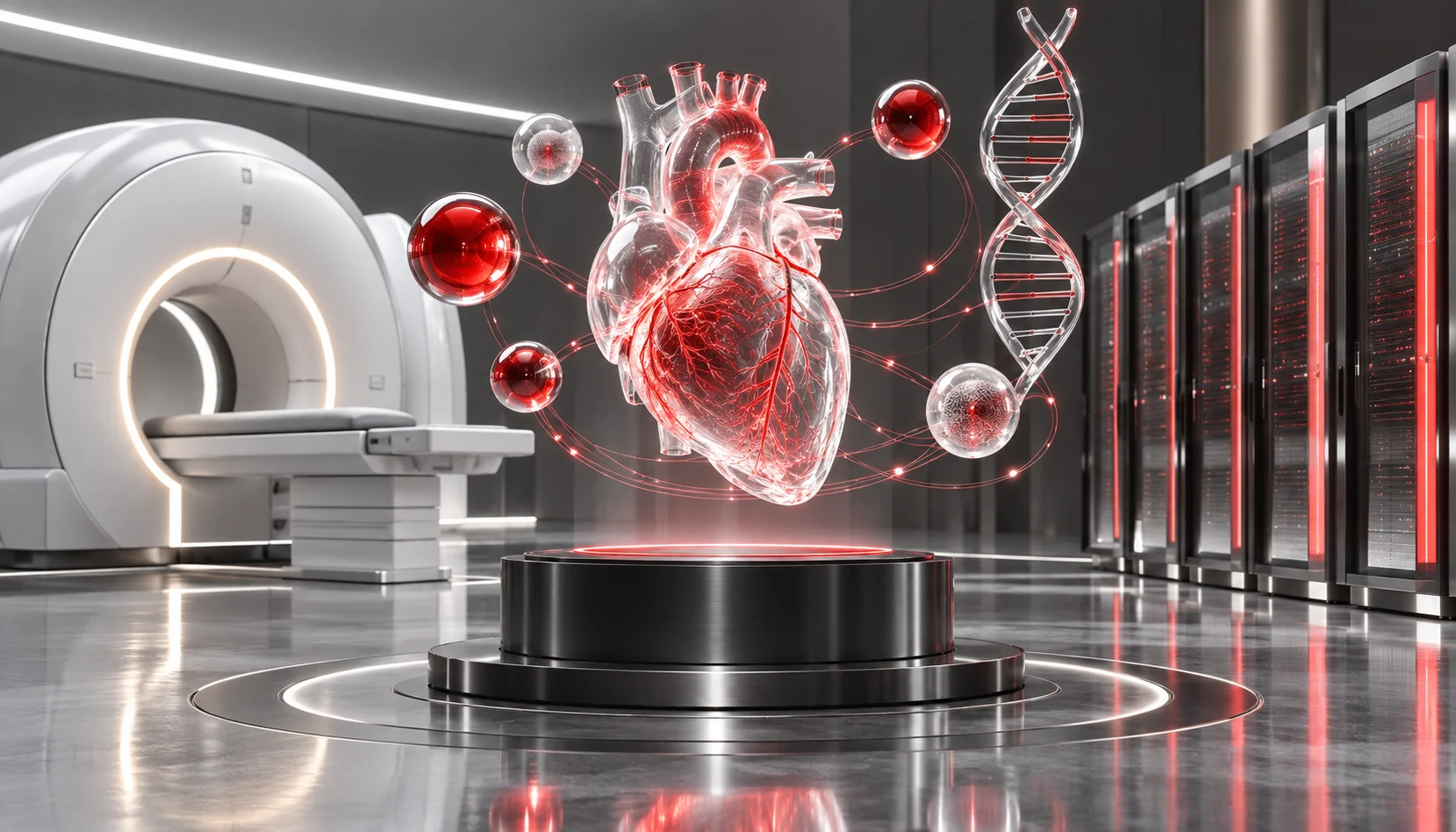 A doctor in a futuristic healthcare setting interacts with an AI-powered diagnostic screen displaying medical analytics, predictive health insights, and patient data, showcasing the role of AI and big data in modern healthcare.