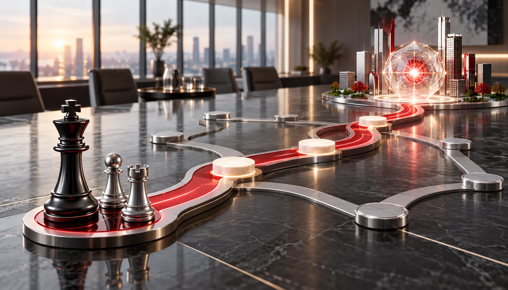 A unique corporate strategy session focused on AI integration. A diverse team of business leaders and AI specialists gathers around a sleek conference table, analyzing a digital roadmap for AI strategy. A holographic display projects key AI components such as data strategy, governance, and technology selection. The setting blends futuristic technology with a professional corporate atmosphere.