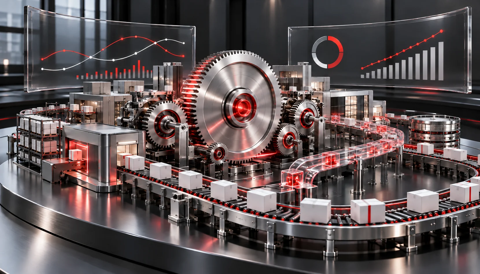 A futuristic operations control center where AI drives business efficiency. A team of professionals monitors AI-powered dashboards displaying real-time analytics, supply chain optimization, and automated workflow insights. A robotic assistant automates routine tasks while predictive analytics screens highlight efficiency improvements. The setting is modern, sleek, and interactive, emphasizing AI-driven productivity.