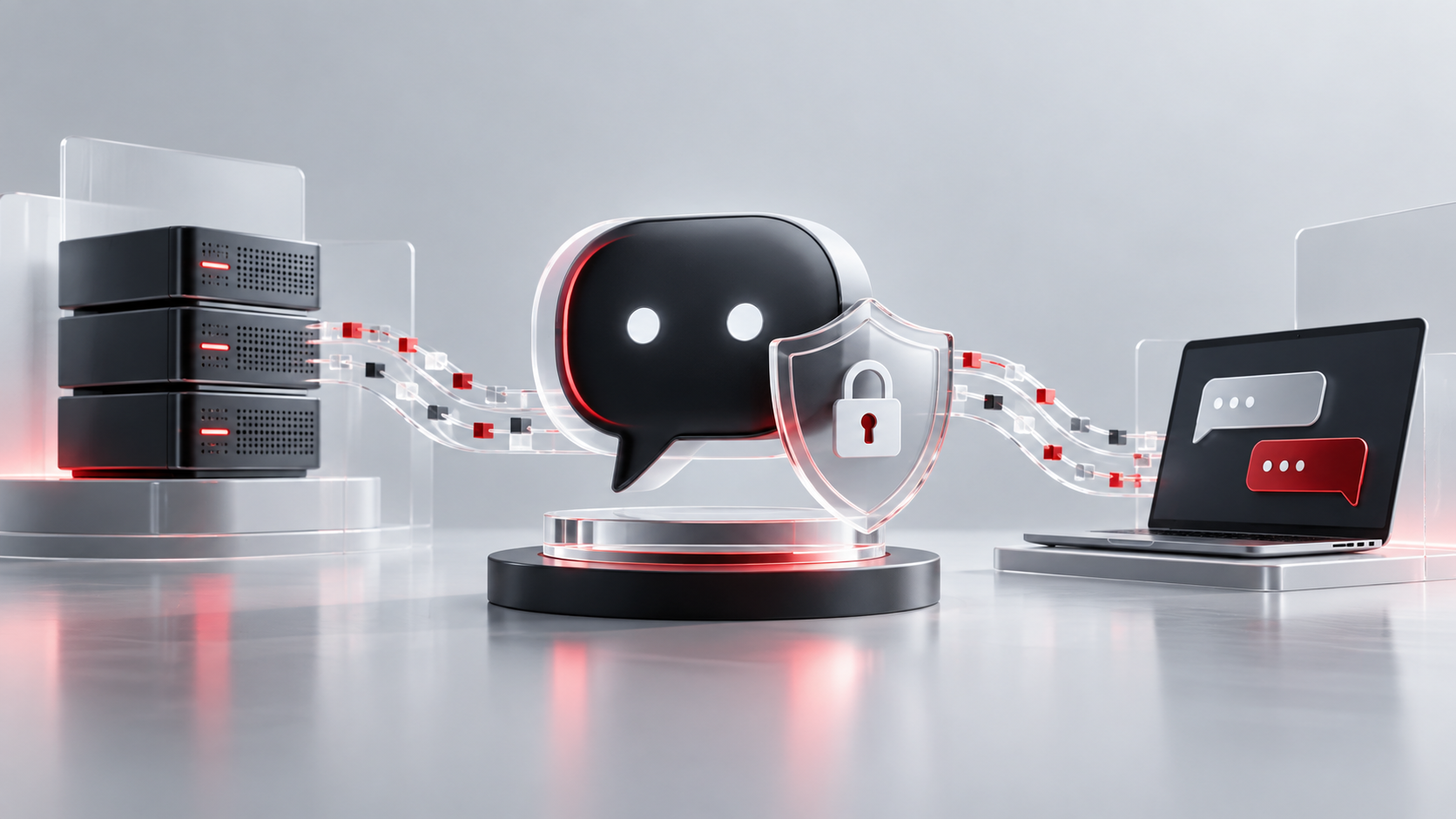 Horizontal illustration of an AI-powered chatbot enhancing data privacy and security. The sleek chatbot is surrounded by digital security symbols like locks, shields, and encrypted data streams. The background includes visuals of secure servers and encrypted connections, with a laptop displaying a secure chatbot interface in a professional business setting.