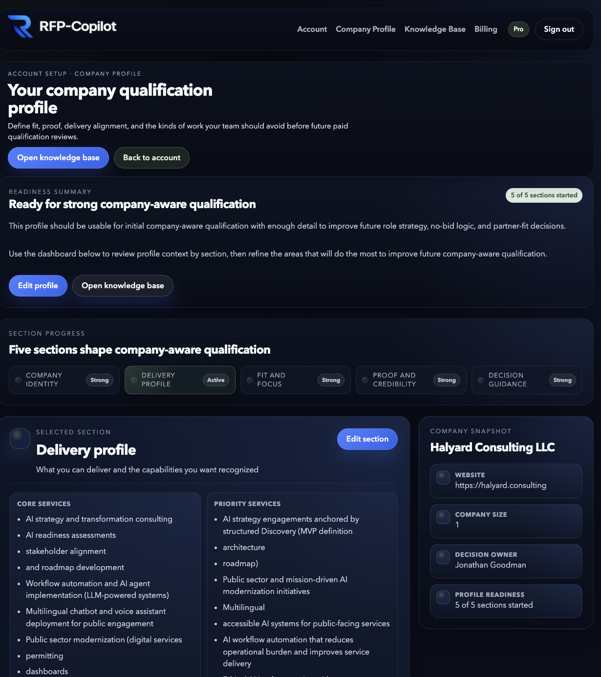 RFP Copilot company review workspace