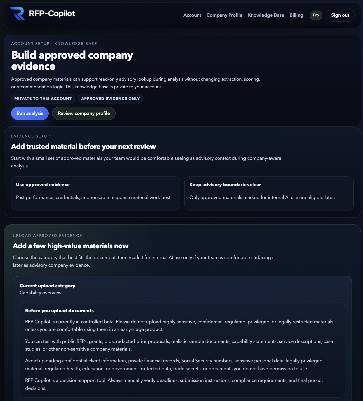 RFP Copilot knowledge base interface