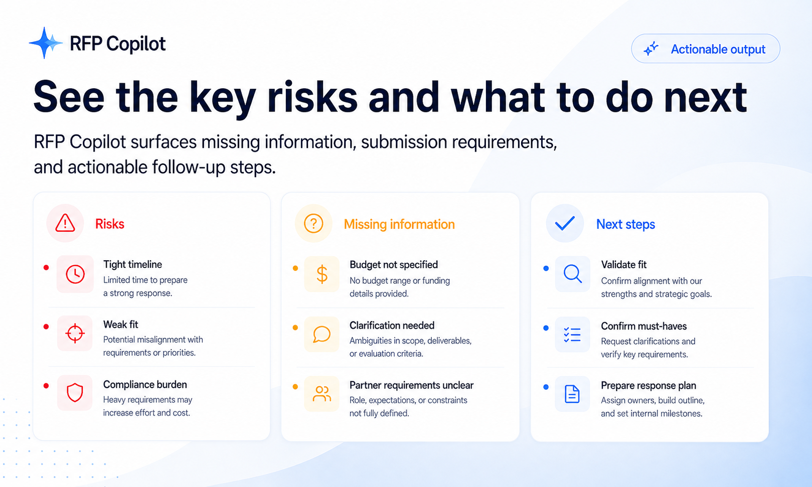 RFP Copilot risk and next steps screen