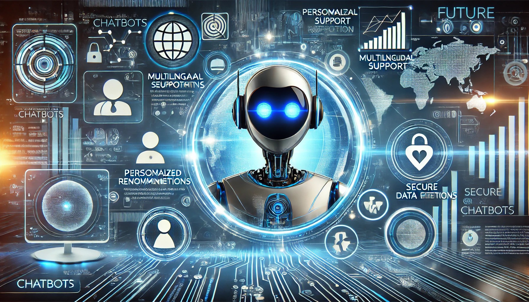 Horizontal illustration of a futuristic chatbot showcasing emerging trends. The chatbot has glowing blue accents and interacts through text and voice interfaces. Surrounding visuals highlight multilingual support with world map icons, personalized recommendations with user profiles, and secure data protection with locks and encryption symbols. The background features a modern tech environment with holographic displays and interconnected devices, emphasizing innovation and integration