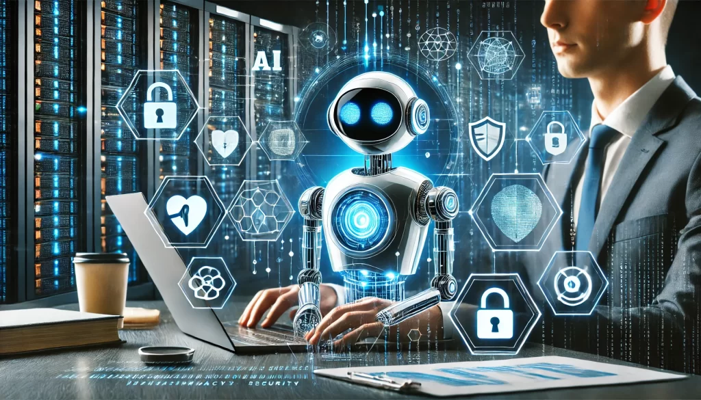 Horizontal illustration of an AI-powered chatbot enhancing data privacy and security. The sleek chatbot is surrounded by digital security symbols like locks, shields, and encrypted data streams. The background includes visuals of secure servers and encrypted connections, with a laptop displaying a secure chatbot interface in a professional business setting.