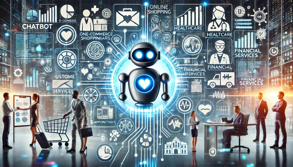 Horizontal illustration showcasing successful chatbot implementations across industries. The image features a sleek chatbot with glowing blue accents interacting with diverse users, surrounded by icons representing e-commerce, healthcare, and financial services. Background visuals include online shopping carts, medical appointments, and banking interfaces, emphasizing customer engagement, automation, and modern business technology