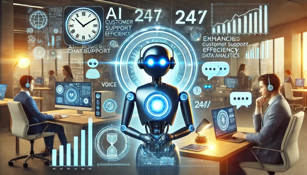 Horizontal illustration of an AI-powered chatbot enhancing customer support efficiency. The chatbot with glowing blue accents is multitasking, handling inquiries via text on a laptop, voice on a smartphone, and chat bubbles on a tablet. Background visuals include a clock and 24/7 symbols for round-the-clock availability, as well as data analytics icons representing insights and efficiency. The modern office setting highlights seamless technology-driven customer interactions.