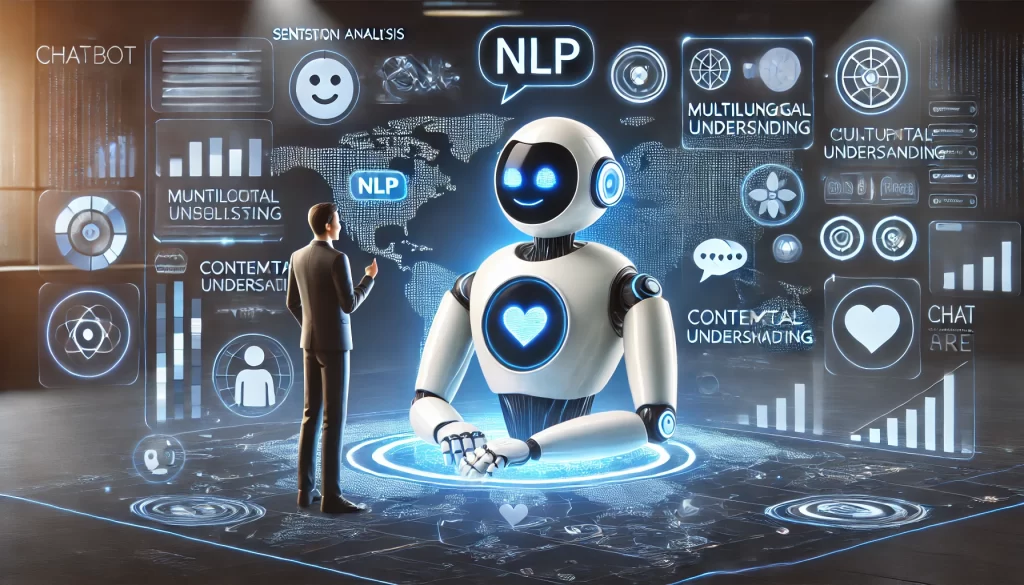 Horizontal illustration of a chatbot powered by NLP engaging in a natural, human-like conversation with a user. The chatbot features glowing accents, surrounded by icons representing sentiment analysis (smiling and neutral faces), multilingual support (world map with speech bubbles), and contextual understanding (chat bubbles connected to past interactions). The background showcases a futuristic yet friendly environment with digital interfaces symbolizing advanced AI and seamless communication.
