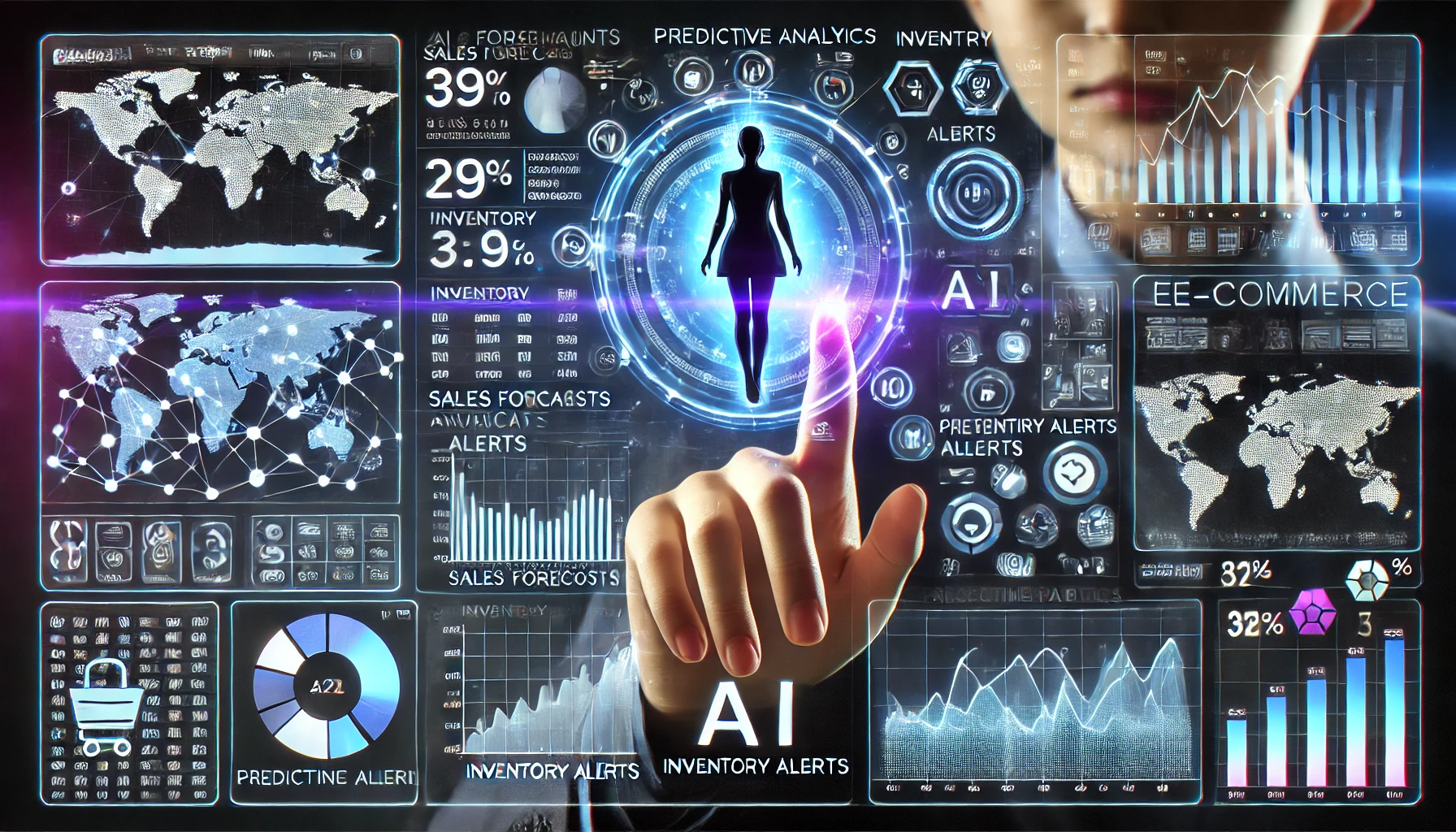 A close-up view of a futuristic e-commerce dashboard with AI predictive analytics. The holographic interface shows sales forecasts, inventory alerts, and customer purchasing patterns. A business professional interacts with floating data points, adjusting strategies in real time. The neon blue and violet lighting enhances the high-tech, digital ambiance.