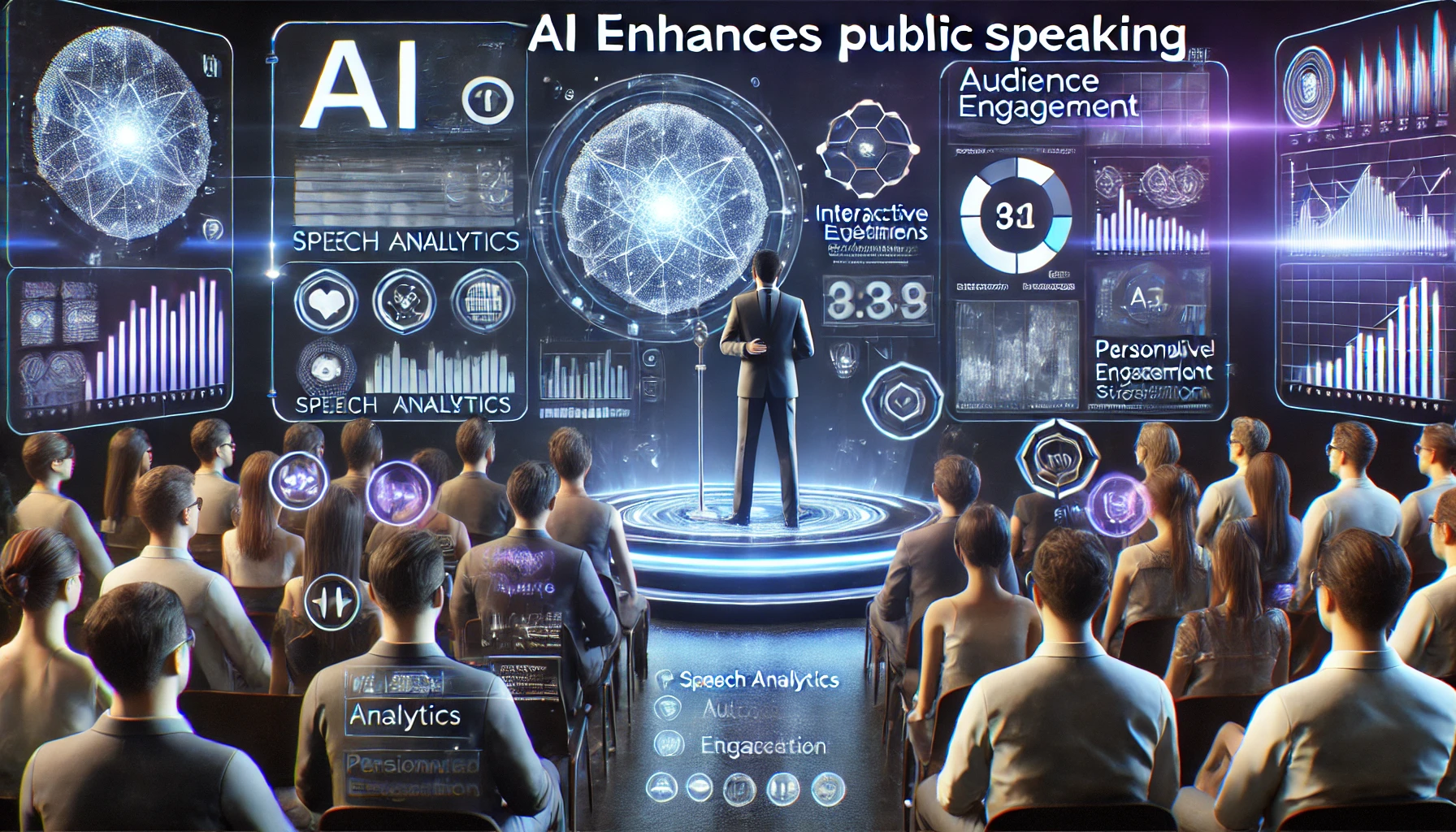 A futuristic public speaking event where AI enhances presentations. A speaker stands on a high-tech stage, using holographic visuals, interactive elements, and real-time subtitles. An AI assistant displays speech analytics, audience engagement data, and personalized content suggestions. The audience is actively engaged, with some wearing AR glasses to interact with the presentation. The setting is sleek and modern, illuminated by blue and purple digital lighting.